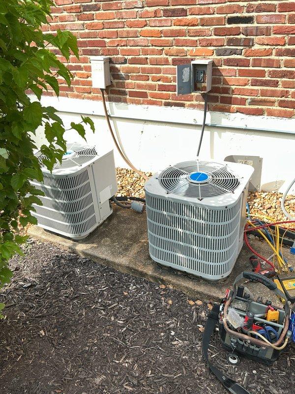 Responded to no cooling complaint on ground-level condensing unit. Upon arrival, found system blowing warm air. Performed diagnostic testing using refrigerant manifold gauges, which revealed abnormal pressure readings of 512 PSIG on low side and 2396 PSIG on high side, indicating refrigerant system issue. Measured superheat at 468°F and subcooling at 250°F, confirming improper system operation. Set thermostat to fan-only mode as instructed to prevent further compressor operation until repairs can be completed.