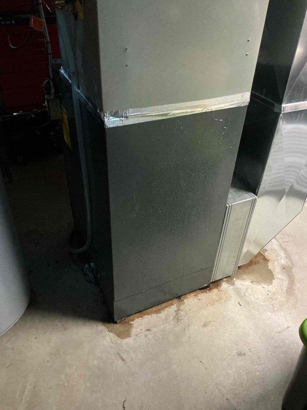 Responded to no cooling complaint on ground-level unit U10. Upon inspection, advised customer to shut off air conditioning system immediately and operate only the fan mode to prevent potential compressor damage. Documented equipment condition with photos showing air handler assembly, evaporator coil with visible dust accumulation, and associated ductwork in utility space.