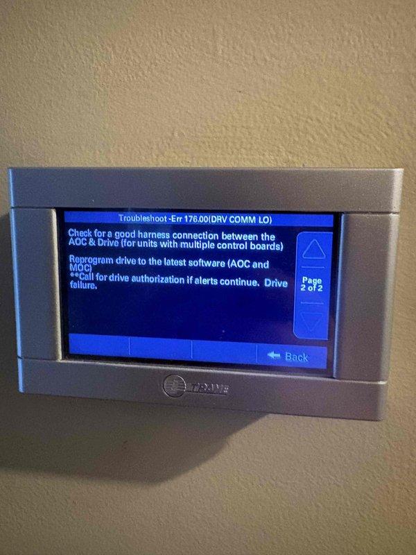 Responded to no cooling call on 9-year-old AC system. Upon arrival, system displayed multiple error codes including 184.08, 177.04, 176.00 (DRV COMM LO - communication fault between AOC and Drive units), and 67.04 (DOME T SENSE - dome temperature sensor issue). Performed diagnostic troubleshooting on variable speed drive system and verified harness connections between air handler control board and compressor drive module. Checked dome temperature sensor resistance values and output voltage readings, confirming sensor malfunction with readings outside acceptable 3-6VDC range. Inspected communication wiring for damage or loose connections. Reprogrammed drive system to latest software version per manufacturer specifications. Cleared fault codes and cycled system through operational test. Verified proper communication between control modules and confirmed temperature sensor readings stabilized within normal parameters. System restored to full cooling operation with all error codes resolved
