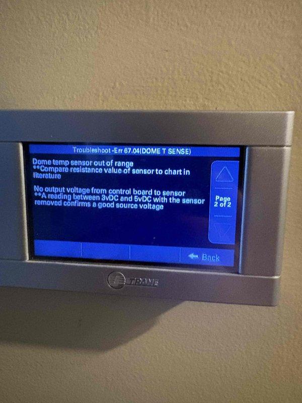 Responded to no cooling call on 9-year-old AC system. Upon arrival, system displayed multiple error codes including 184.08, 177.04, 176.00 (DRV COMM LO - communication fault between AOC and Drive units), and 67.04 (DOME T SENSE - dome temperature sensor issue). Performed diagnostic troubleshooting on variable speed drive system and verified harness connections between air handler control board and compressor drive module. Checked dome temperature sensor resistance values and output voltage readings, confirming sensor malfunction with readings outside acceptable 3-6VDC range. Inspected communication wiring for damage or loose connections. Reprogrammed drive system to latest software version per manufacturer specifications. Cleared fault codes and cycled system through operational test. Verified proper communication between control modules and confirmed temperature sensor readings stabilized within normal parameters. System restored to full cooling operation with all error codes resolved