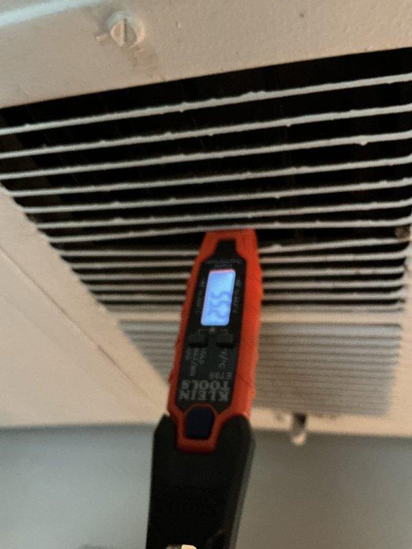 Responded to no cooling complaint on 10-year-old residential air conditioning system with ground-level condenser unit. Performed comprehensive diagnostic evaluation after unit was shut down as previously advised. Utilized digital measurement instruments to assess supply air temperature and system performance at ceiling registers. Conducted thorough testing of electrical components and airflow measurements to identify root cause of cooling deficiency.