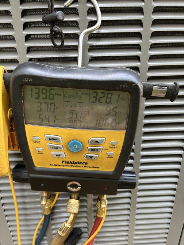 Completed warranty replacement of outdoor condensing unit, serial number 1926C38115. Installed new condenser, connected refrigerant lines and electrical service, verified proper system operation using digital manifold gauges, and confirmed appropriate pressures and temperatures. Unit mounted on pad with all penetrations properly sealed; defective unit retained per warranty requirements.