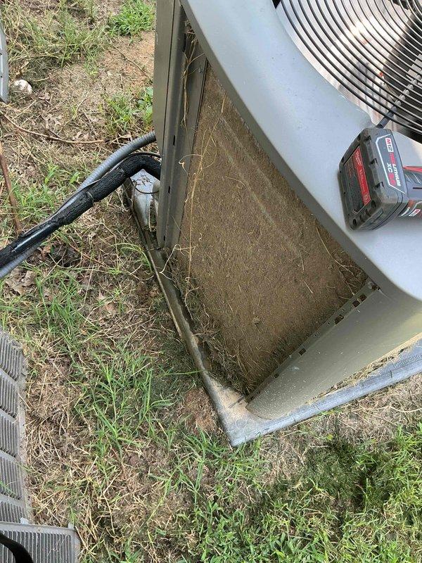 Completed comprehensive cooling system tune-up on 10-year-old residential split system with ground-level condenser and basement air handler. Performed standard maintenance protocol including filter inspection, electrical connection verification, refrigerant line examination, and condenser coil assessment. Noted significant dirt and debris accumulation on exterior condenser unit requiring attention to maintain optimal heat transfer efficiency and system performance.
