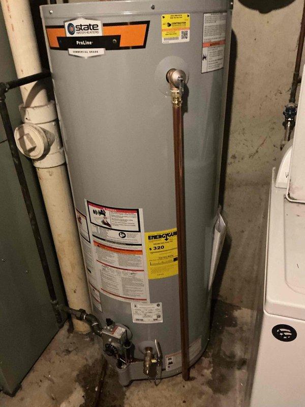 Installed a 50-gallon State ProLine natural gas tall water heater in basement utility area. Connected copper supply lines and gas piping to new unit, established proper venting, and verified all connections for code compliance. Obtained City of Kirkwood plumbing permit (PLUM-26-0507) for installation, confirmed unit meets ANSI Z21.10.1-2011 standards, and completed all required safety checks prior to commissioning the water heater for operation.
