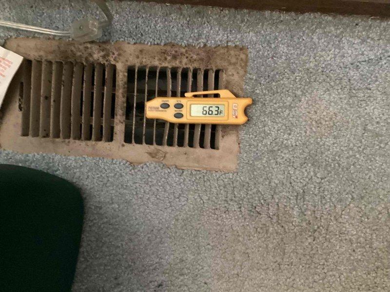 Responded to no cooling complaint on 10-year-old residential AC system. Upon arrival, measured supply air temperature at floor register reading 55°F, indicating inadequate cooling performance. Inspected outdoor condensing unit, confirmed R-410A refrigerant system operational. Noted heavily soiled return air filter and significant dust accumulation on interior vents restricting airflow. Replaced dirty air filter, verified proper airflow restoration, and system returned to normal cooling operation with appropriate temperature differential across evaporator coil.