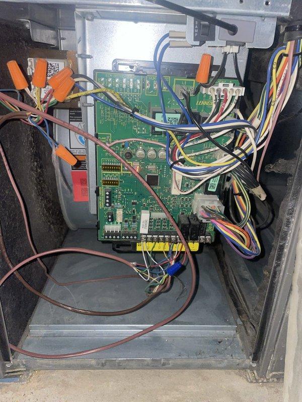 Responded to callback for 10-year-old AC unit not cooling with indoor temperature at 75°F. Upon arrival, thermostat displayed 84°F with system in off mode. Inspected control board and wiring connections in air handler, verified all wire terminations at circuit boards and wire nut connections were secure. System tested and restored to normal cooling operation.