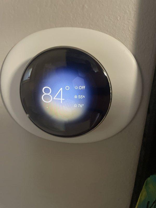 Responded to callback for 10-year-old AC unit not cooling with indoor temperature at 75°F. Upon arrival, thermostat displayed 84°F with system in off mode. Inspected control board and wiring connections in air handler, verified all wire terminations at circuit boards and wire nut connections were secure. System tested and restored to normal cooling operation.