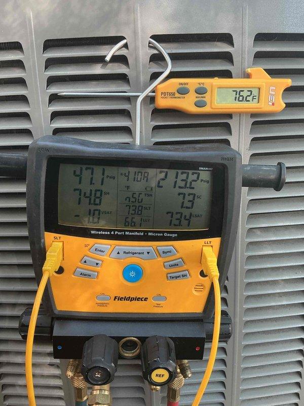 Responded to service call for 13-year-old Lennox A/C system running continuously without adequate cooling, with indoor temperature reaching 81°F despite thermostat set to 72°F. Upon arrival, performed comprehensive system diagnostics using manifold gauges and digital thermometers to assess refrigerant pressures, temperatures, and airflow at supply registers. Inspection revealed significant corrosion on refrigerant line connections, copper tubing, and mounting brackets at the outdoor unit, indicating prolonged moisture exposure and potential refrigerant leak points. Supply air temperature measured at 76.2°F, confirming insufficient cooling capacity. Documented extensive rust on metal components and green patina on copper lines, suggesting system has been operating with compromised refrigerant charge. Provided customer with findings and recommendations for necessary repairs to restore proper cooling function.