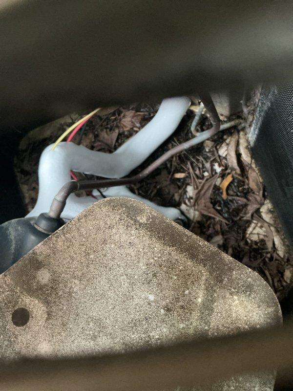 Responded to no cooling complaint for two-unit system with 10+ year old equipment. Upon arrival, found outdoor condenser unit severely obstructed by overgrown vegetation and debris accumulation. Exterior coils were blocked by dense weed growth covering concrete pad and encroaching on unit housing. Removed access panel and discovered significant organic debris including leaves, twigs, and plant matter packed inside unit cavity around refrigerant lines and electrical connections. Cleared vegetation from around condenser perimeter and removed internal debris buildup to restore proper airflow. Inspected both HVAC systems as requested and provided recommendations for ongoing maintenance. Unit left in operational condition with thermostat set to fan-only mode per customer instructions.