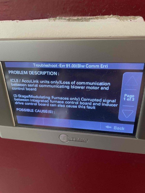 Responded to no cooling call on 9-year-old ground-level unit displaying error code 018.01. Upon arrival, diagnosed critical fault Err 18.01 indicating internal microprocessor failure on furnace control board. System also displayed secondary error code 91.00 for blower communication error, confirming loss of communication between serial communicating blower motor and indoor control board. Determined indoor control board had failed, likely due to line voltage spikes or electrostatic discharge. Replaced defective furnace control board with new unit. Restored power, cleared fault codes, and verified proper communication between all system components. Cycled unit through complete heating and cooling operations to confirm successful repair. System now operating normally with all error codes resolved and proper communication established between control board and variable-speed blower motor.