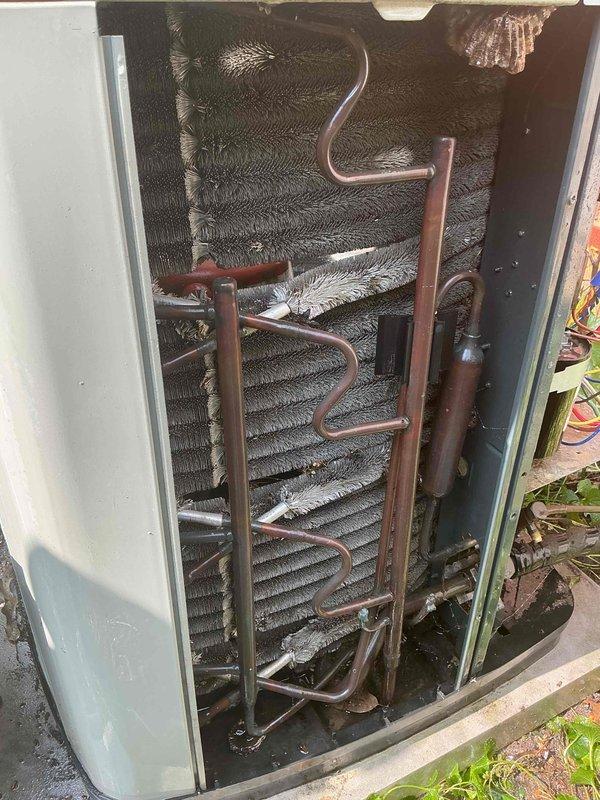 Completed comprehensive cooling tune-up maintenance on three air conditioning systems including two standard split systems located on opposite sides of the property and one ductless mini-split unit with attic-mounted components. Performed full system inspections, cleaned condenser coils showing moderate dirt accumulation, checked refrigerant lines for proper insulation and signs of wear, inspected and documented air filter conditions in air handlers, verified all electrical connections, and tested system operations to ensure optimal performance across all three units.