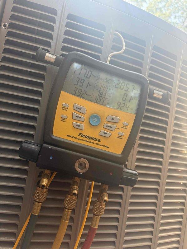 Replaced failed blower motor in attic-mounted air handler unit serving second floor. Removed old motor assembly from squirrel cage blower housing and installed new replacement motor. Upon completion, tested system operation and verified proper airflow and performance using digital manifold gauges to confirm temperature and pressure readings were within manufacturer specifications.