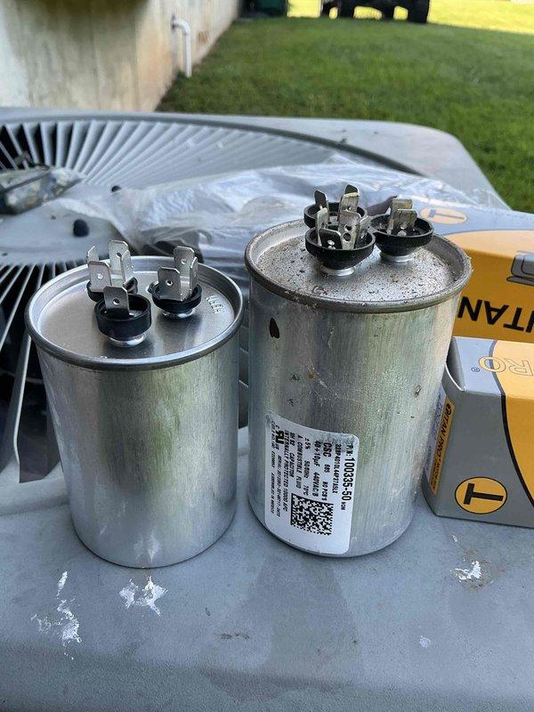 Responded to no cooling complaint on residential air conditioning system. Upon arrival, performed system diagnostics and identified failed dual-run capacitor as root cause of cooling failure. Capacitor tested out of specification range, preventing compressor and condenser fan motor from operating properly. Replaced defective capacitor with new OEM-equivalent dual-run capacitor rated at 40+10 MFD. Verified proper electrical connections, tested system operation, and confirmed unit returned to normal cooling function with appropriate temperature differential across evaporator coil.