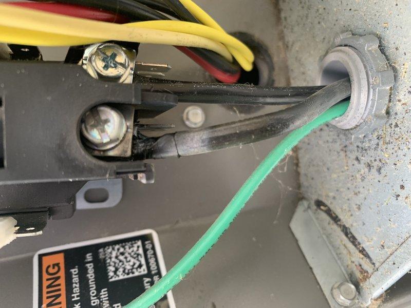 Responded to no-cool complaint on residential cooling system less than 10 years old. Upon inspection, discovered significant rust and corrosion at electrical terminal connections, which was causing poor electrical contact and preventing proper system operation. Documented deteriorated wiring terminals and corroded junction area with photographs. Advised customer to keep unit off until repairs could be completed to prevent potential electrical hazards and further damage to components.