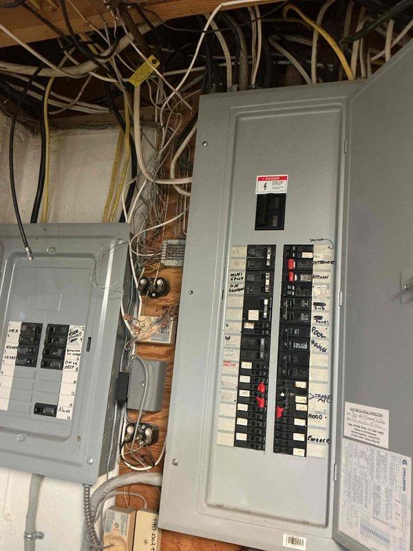 Responded to HVAC follow-up call for no power to furnace. Upon arrival, inspected main electrical panel and subpanel in basement utility area. Diagnosed tripped circuit breaker on furnace circuit. Reset breaker and verified proper labeling of all circuits including furnace, mini split, kitchen, sun room, sump pump, spare A/C, and hood circuits. Confirmed power restoration to furnace and tested system operation successfully.