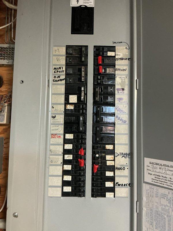 Responded to HVAC follow-up call for no power to furnace. Upon arrival, inspected main electrical panel and subpanel in basement utility area. Diagnosed tripped circuit breaker on furnace circuit. Reset breaker and verified proper labeling of all circuits including furnace, mini split, kitchen, sun room, sump pump, spare A/C, and hood circuits. Confirmed power restoration to furnace and tested system operation successfully.