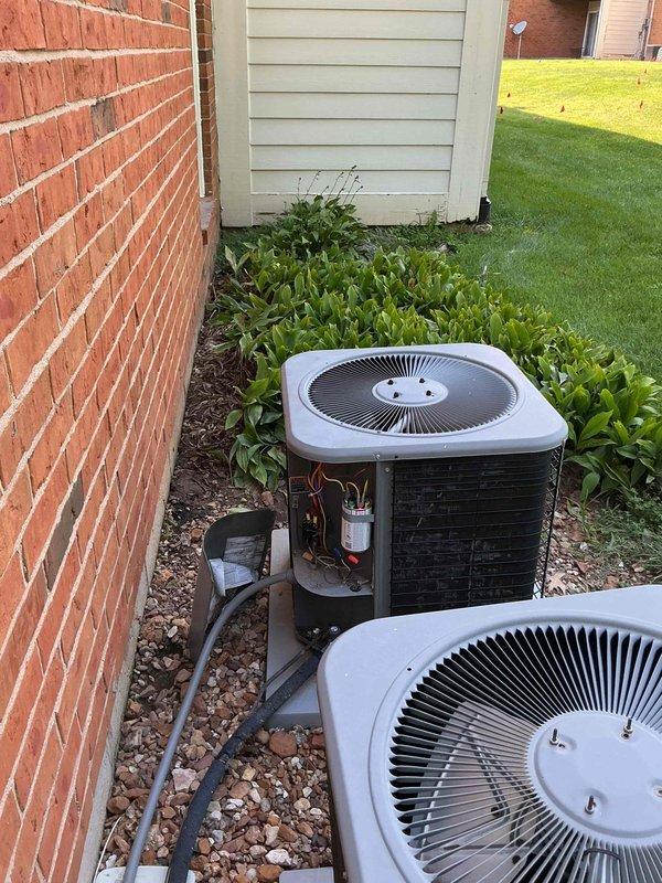 Responded to no cooling complaint on 10+ year old Lennox residential air conditioning system. Upon arrival, confirmed indoor temperature at 90 degrees with outdoor condenser fan motor inoperative. Diagnosed failed condenser fan motor preventing heat rejection from refrigeration cycle. Accessed condenser unit, tested electrical components, and replaced defective fan motor to restore proper system operation and cooling capacity.