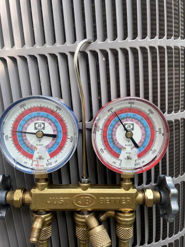 Returned to address callback regarding water running noise from AC unit after initial repair of service valve leak. Connected manifold gauge set to verify system pressures and confirm proper refrigerant charge levels following previous leak repair. Adjusted fan coil airflow settings through digital thermostat control panel to optimize system performance. Verified all repairs holding and system operating within manufacturer specifications with no active leaks detected.