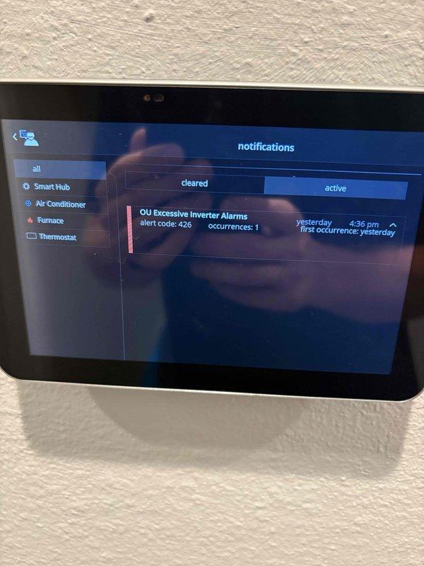 Responded to no cooling call on 4-year-old Lennox system. Upon arrival, confirmed system was powering up with indoor blower operational, but outdoor unit was short cycling and shutting down immediately after startup. Accessed smart thermostat diagnostic interface and identified active alert code 426 indicating "OU Excessive Inverter Alarms" with occurrence logged the previous day. Diagnosed inverter compressor control failure causing protective shutdown. Cleared fault codes, tested system operation, and verified proper startup sequence restoration with sustained cooling operation.