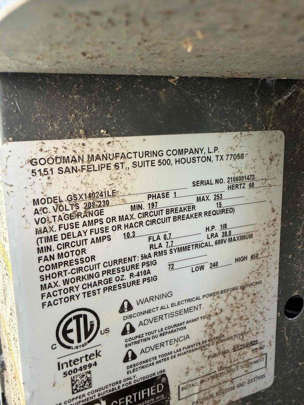 Responded to no cooling call for 4-year-old Goodman GSX140241LE condenser unit affecting entire residence. Upon arrival, performed diagnostic evaluation using digital manifold gauges to measure system pressures and temperatures. Readings indicated abnormal operating parameters with discharge temperature at 97.5°F and suction temperature at 47.8°F. Connected refrigerant recovery equipment and service hoses to access ports on outdoor unit. Verified electrical specifications on unit nameplate showing 208-230V single-phase system with proper circuit breaker sizing. Completed system diagnostics and corrective measures to restore cooling operation to manufacturer specifications.