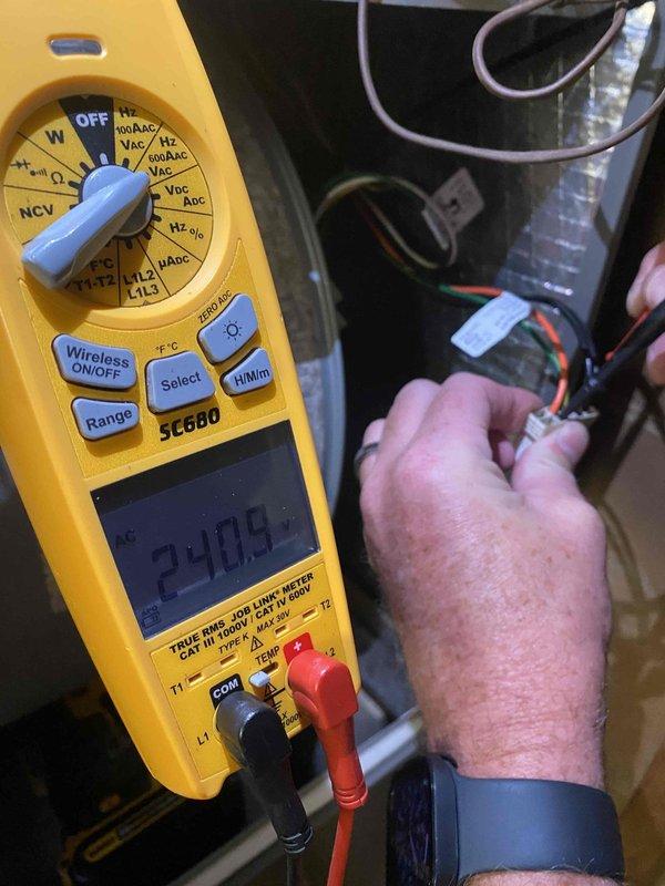 Completed warranty replacement of defective relay on Lennox unit (S/N 1618M10338) that was causing no cooling condition. Verified proper voltage readings at 24V and 27.8V during testing with multimeter, confirmed system operation, and retained failed part per warranty requirements.