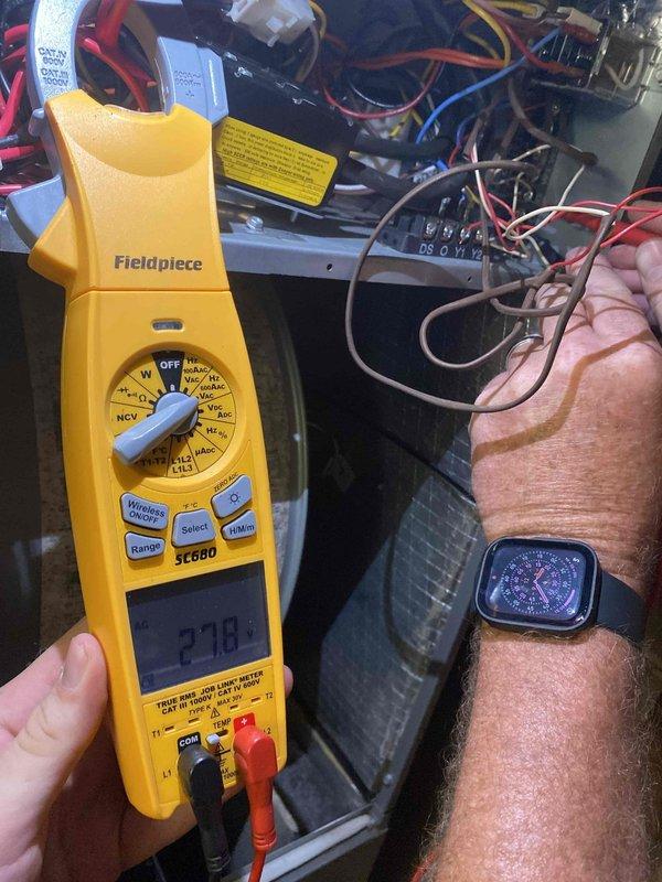 Completed warranty replacement of defective relay on Lennox unit (S/N 1618M10338) that was causing no cooling condition. Verified proper voltage readings at 24V and 27.8V during testing with multimeter, confirmed system operation, and retained failed part per warranty requirements.