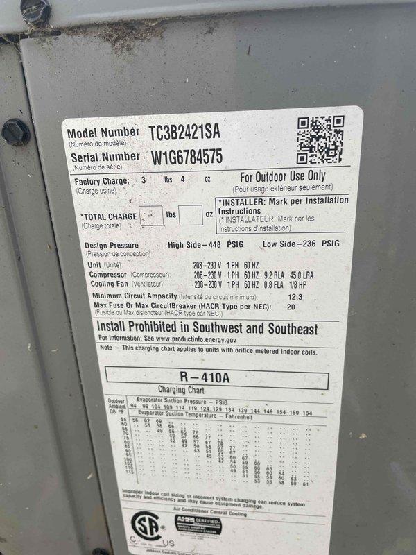 Performed routine cooling system maintenance on a 2016 York air conditioner model TC3B2421SA with no reported issues. Completed comprehensive tune-up inspection including verification of R-410A refrigerant charge (factory charge 3 lbs 4 oz), electrical connections, and condenser unit operation. Unit found in good working condition with all components operating within manufacturer specifications.