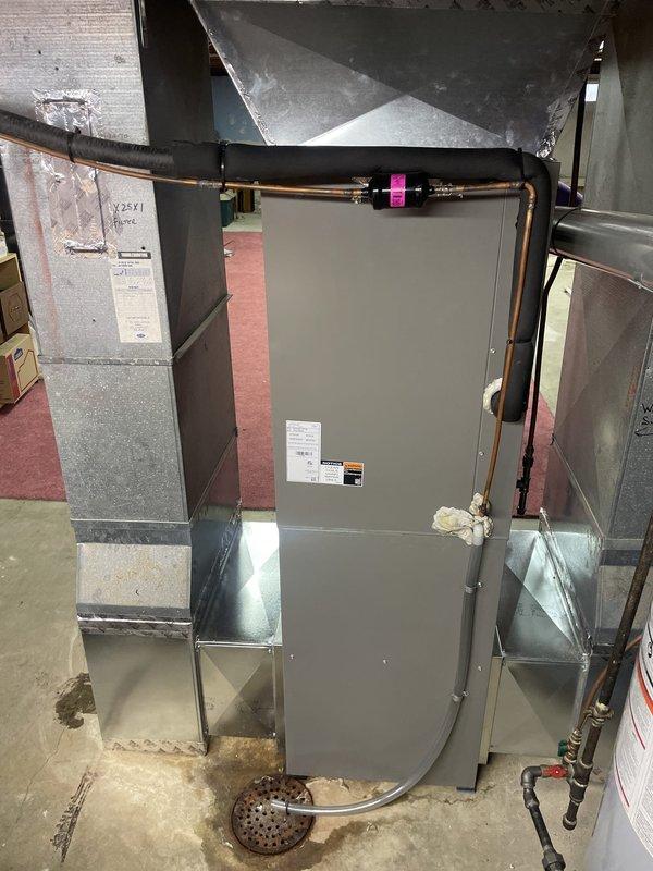 Responded to no cooling call on 3-year-old system. Upon arrival, found Emerson thermostat displaying 79°F room temperature with system in min OFF mode. Inspected air handler unit in basement mechanical room and verified all equipment connections, refrigerant lines, and ductwork. Advised customer to shut off humidifier per seasonal recommendation. System evaluated and customer provided with findings and recommendations for restoring cooling operation.