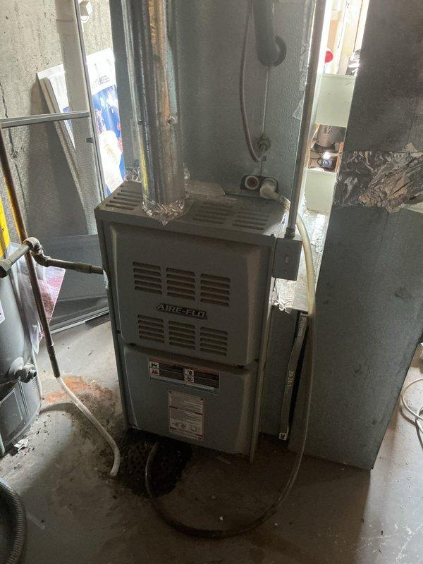 Responded to customer report of squeaking noise from cooling system. Upon inspection, found heavily clogged air filter with significant dust and debris accumulation restricting airflow to the AIREFLO furnace unit. Replaced dirty filter with new filter to restore proper system airflow and eliminate noise issue caused by restricted air movement through the HVAC system.