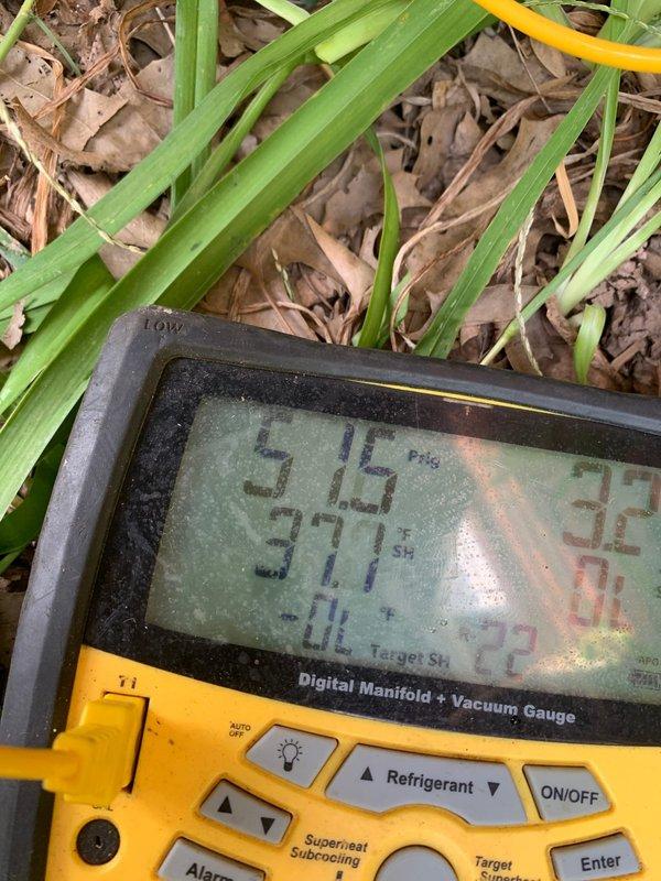 Responded to no cooling complaint on ground-level side unit with thermostat set to 72°F but indoor temperature reading 82°F. Connected digital manifold gauges to measure refrigerant pressures and temperatures for system diagnostics. Evaluated superheat and subcooling values to determine proper refrigerant charge and system performance, then restored cooling operation per customer's special instructions to leave fan running.