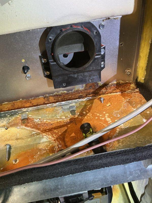 Performed diagnostic inspection on two furnace systems as requested. Inspected heat exchangers on both units for integrity and potential failure. Examined flame sensor circuit board on east furnace and documented extensive corrosion on condensate drain pan, indicating long-term moisture exposure and potential secondary heat exchanger deterioration. Inspected control board wiring and connections, noting disorganized wire routing. Photographed corroded components and internal electrical systems for documentation and recommendation purposes. Front hall thermostat for west unit confirmed as operational control point.