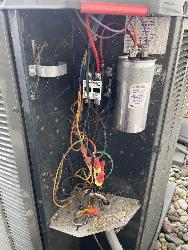 Responded to no cooling complaint on residential system with Nest thermostat showing 73°F actual vs 78°F setpoint. Inspected outdoor unit electrical components including capacitors, contactor, and wiring connections. Diagnosed cooling system failure, documented equipment condition with photos, and provided repair estimate to restore proper operation on both units.