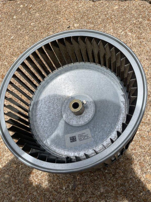 Replaced failed blower motor and performed thorough cleaning of blower wheel assembly in HVAC system. Removed old motor from housing, cleaned accumulated dust and debris from squirrel cage blower wheel, and installed new replacement motor with proper electrical connections. System tested and confirmed operational upon completion.