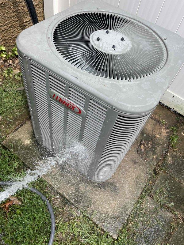Completed comprehensive Supertune maintenance on 13-year-old Lennox 13ACX 030 condensing unit. Performed full system inspection including electrical connections, refrigerant pressures, and amperage draws. Cleaned condenser coil, checked fan motor operation and blade condition, verified proper airflow through louvers, and inspected unit mounting on concrete pad. All components found operating within manufacturer specifications with no deficiencies noted. System running efficiently with normal wear consistent with age of equipment.