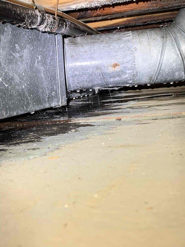 # HVAC Service Report: No Cool Condition - Air Handler Leak

## Diagnostic Findings

Responded to customer complaint of musty odor and drywall moisture damage associated with an 11-year-old residential air conditioning system. Upon inspection of the air handler unit located in the crawl space, discovered significant water accumulation pooling beneath and around the base of the unit. The galvanized metal air handler exhibited extensive condensation on exterior surfaces with visible water droplets covering insulated components and adjacent ductwork.

## Issues Identified

Primary concern was excessive moisture accumulation resulting from condensate drainage system failure. The dark liquid pooling on the crawl space floor indicated prolonged drainage issues, creating floor staining and potential structural concerns. Heavy condensation on the air handler cabinet, insulated plenum, and flexible ductwork suggested inadequate insulation performance and possible airflow restrictions. The humid