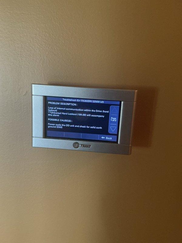 Responded to fault code alert on Trane unit U10 while customer was out of country. Upon arrival, found thermostat displaying multiple error codes including Err 177.04, Err 178.00, Err 184.08, and Err 087.06, along with communication fault related to drive board and Universal Hard Lockout (TBL09) with bus alarm. Documented all error codes and system alerts for further diagnostic evaluation and customer review upon return.