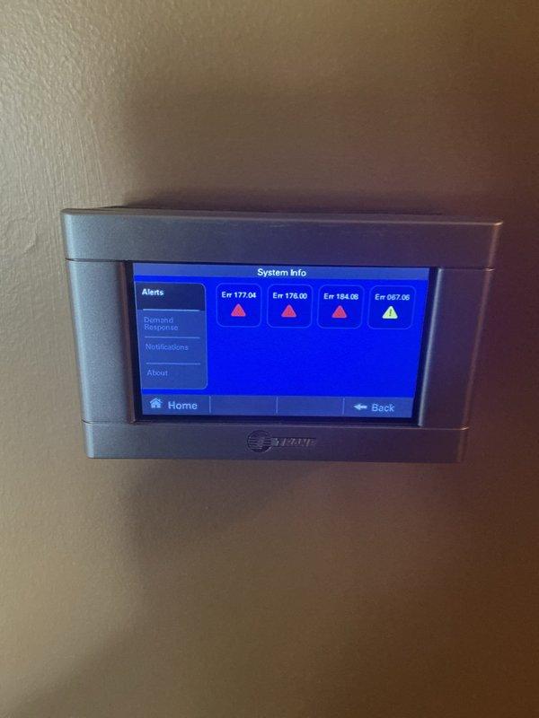 Responded to fault code alert on Trane unit U10 while customer was out of country. Upon arrival, found thermostat displaying multiple error codes including Err 177.04, Err 178.00, Err 184.08, and Err 087.06, along with communication fault related to drive board and Universal Hard Lockout (TBL09) with bus alarm. Documented all error codes and system alerts for further diagnostic evaluation and customer review upon return.