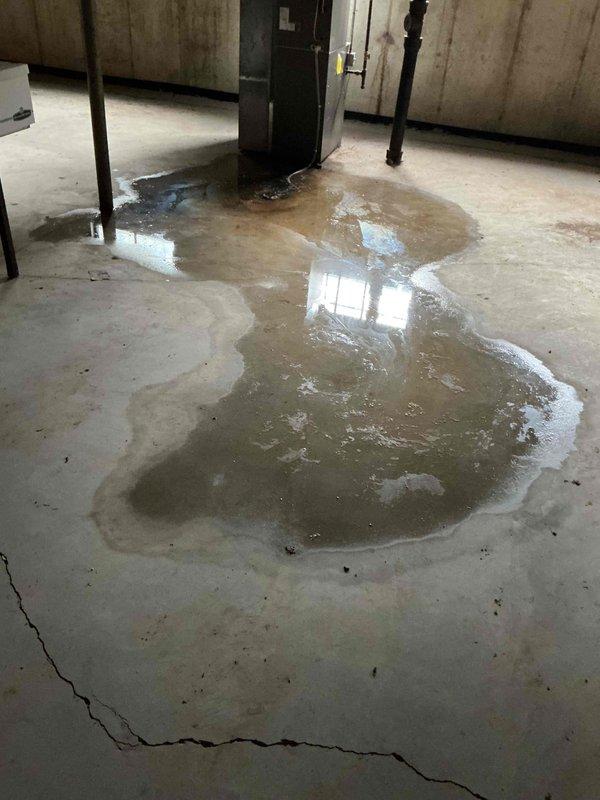 Responded to water leak emergency in basement near 11-year-old HVAC equipment. Upon arrival, accessed basement and discovered significant water pooling on concrete floor with standing water spreading across multiple areas. Inspection revealed water accumulation originating from HVAC condensate drain system that was not draining properly. Water had pooled extensively around furnace area, creating reflective puddles with visible staining and sediment deposits on concrete surface. Floor showed signs of saturation with darker discoloration in wet zones and whitish mineral deposits at puddle edges. Observed existing floor crack that may have been exacerbated by water intrusion. Identified clogged condensate drain line as primary cause of water discharge failure. Evaluated mechanical equipment positioning and drainage infrastructure. Documented extensive water damage patterns showing brown and tan discoloration with mineral residue indicating prolonged or repeated water exposure. Metal suppo