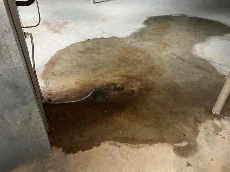 Responded to water leak emergency in basement near 11-year-old HVAC equipment. Upon arrival, accessed basement and discovered significant water pooling on concrete floor with standing water spreading across multiple areas. Inspection revealed water accumulation originating from HVAC condensate drain system that was not draining properly. Water had pooled extensively around furnace area, creating reflective puddles with visible staining and sediment deposits on concrete surface. Floor showed signs of saturation with darker discoloration in wet zones and whitish mineral deposits at puddle edges. Observed existing floor crack that may have been exacerbated by water intrusion. Identified clogged condensate drain line as primary cause of water discharge failure. Evaluated mechanical equipment positioning and drainage infrastructure. Documented extensive water damage patterns showing brown and tan discoloration with mineral residue indicating prolonged or repeated water exposure. Metal suppo