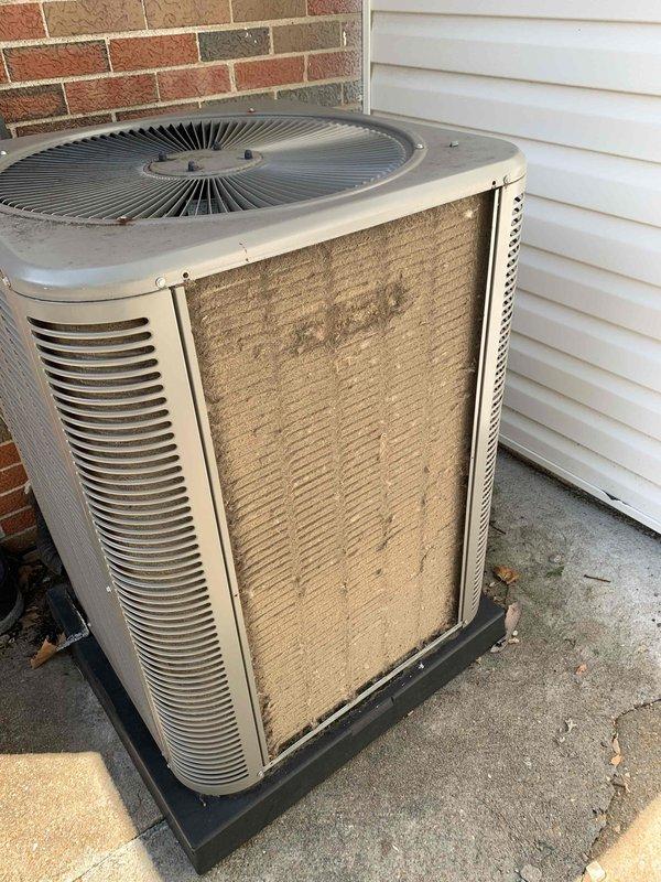 Responded to customer complaint of rumbling noise and water puddle at furnace. Upon arrival, conducted diagnostic inspection of 2-year-old HVAC system. Observed heavily soiled outdoor condensing unit with significant dirt and debris accumulation on intake panel and surrounding area, which was contributing to reduced airflow and system strain. Identified condensate drain issue causing water pooling at indoor furnace unit. Recommended thorough cleaning of outdoor condenser coils and intake filters, condensate line clearing, and system evaluation to resolve noise and drainage concerns.