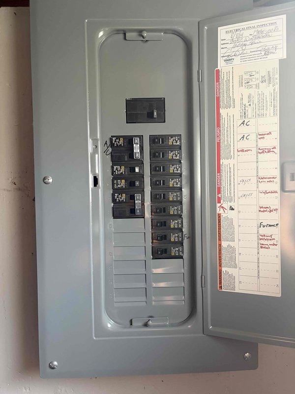 Completed comprehensive whole-home electrical inspection and safety audit. Performed detailed examination of main electrical panel, verifying proper circuit breaker configuration, labeling accuracy, and panel documentation including inspection permits and circuit schedules. Evaluated exterior electrical service entrance, inspecting the service mast conduit, weatherhead assembly, and overhead service conductors for proper installation and code compliance. All components were photographed and documented for record-keeping purposes.