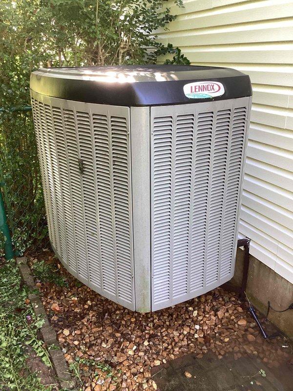Completed routine cooling season tune-up on 8-year-old Lennox air conditioning system. Performed comprehensive inspection of outdoor condenser unit, verified proper airflow through coil louvers, and confirmed system operational status with no deficiencies noted. Supply air temperature measured at 55.2°F at register, indicating adequate cooling performance and proper refrigerant charge.