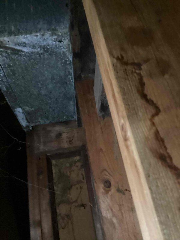 Responded to callback for ongoing water leak from furnace unit. Upon arrival, inspected basement HVAC system and accessed crawl space to examine ductwork and drain lines. Found evidence of moisture intrusion and condensate drainage issues affecting the over 10-year-old unit. Photographed affected areas showing metal ductwork with visible water staining on adjacent wooden structural members and insulation. Verified condensate drain system functionality and provided recommendations to resolve persistent leaking condition.