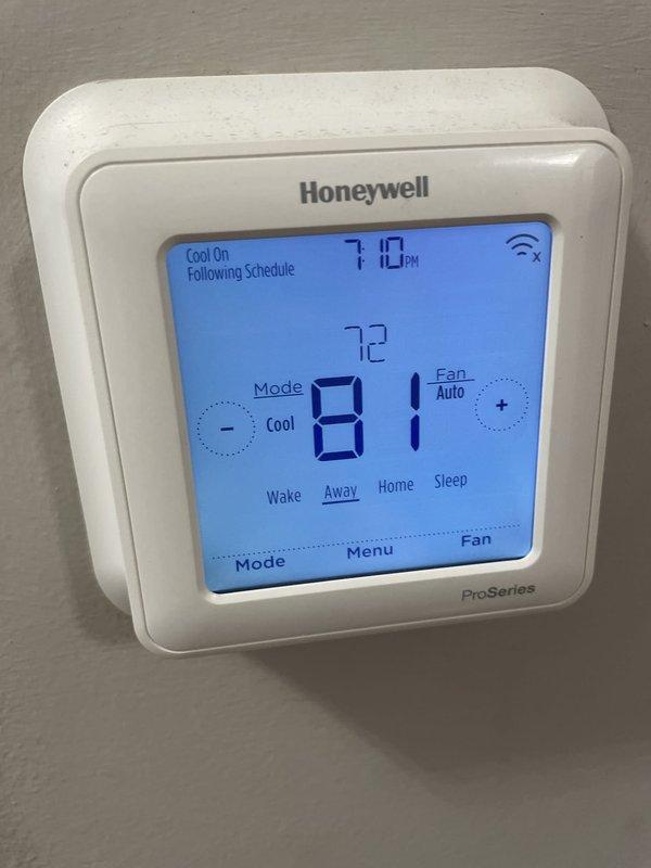 Responded to no cooling complaint on seven-year-old air conditioning system. Upon arrival, found thermostat display showing indoor temperature of 81°F while set to cool at 72°F, with system status indicating "Off" rather than actively cooling. Verified thermostat was calling for cooling but unit was not responding to demand. Diagnosed and resolved issue, restoring proper cooling operation. System tested and confirmed operational with thermostat properly communicating with outdoor unit and maintaining desired temperature setpoint.