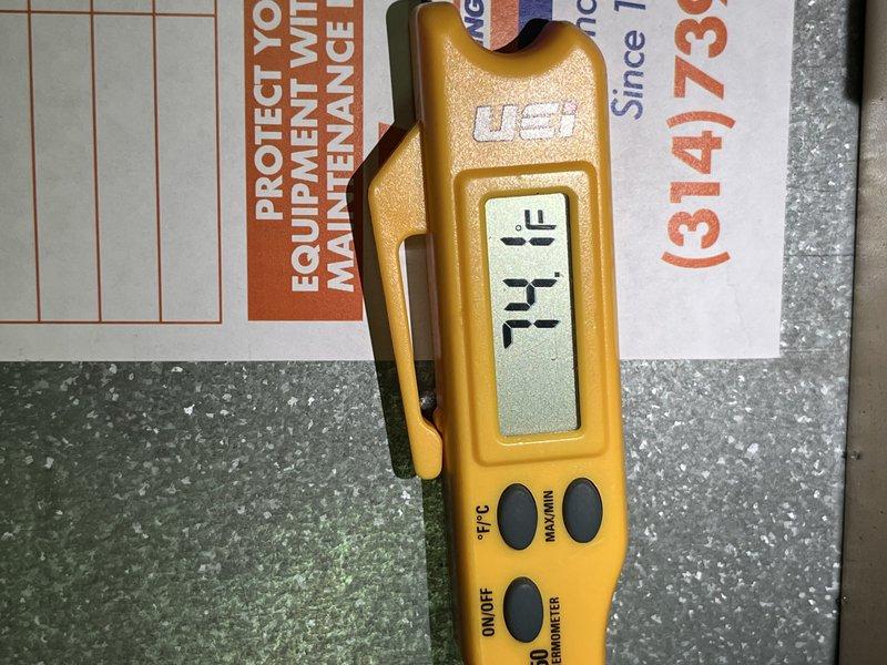 Completed comprehensive Supertune maintenance on 20-year-old AC and furnace system located in basement. Performed full system diagnostics with temperature readings showing 57.5°F at evaporator coil and 74°F ambient temperature, confirming proper cooling differential. All system components inspected, cleaned, and tested to manufacturer specifications to ensure optimal performance and equipment longevity.