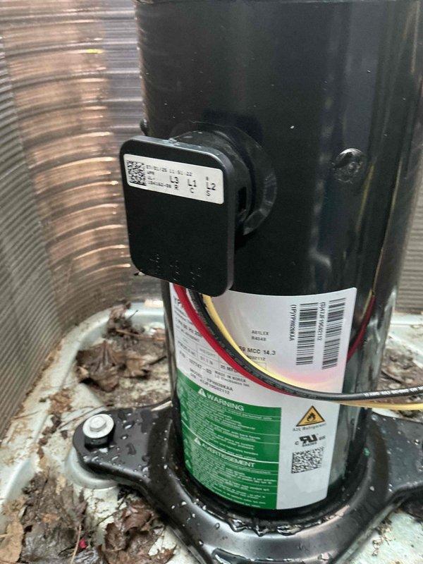 Replaced failed compressor and wiring harness under warranty on unit with no cooling. Removed old compressor (S/N 1925E43695), photographed serial numbers of both old and new compressors for warranty documentation, and installed new compressor assembly. Cleaned debris from unit base, connected refrigerant lines and electrical connections, and retained failed compressor for warranty claim processing.
