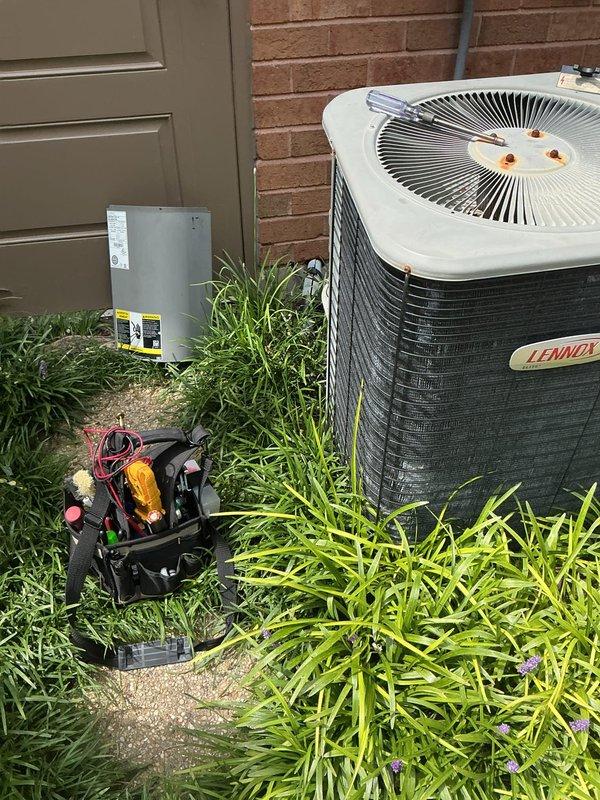 Responded to no cooling call on 10+ year old Lennox unit located at ground level in utility closet at back of home. Upon arrival, inspected outdoor condenser unit and electrical disconnect box, verified circuit breaker assignment at main electrical panel. Advised customer to shut off AC system and leave fan running to prevent further complications until issue could be properly diagnosed and repaired.