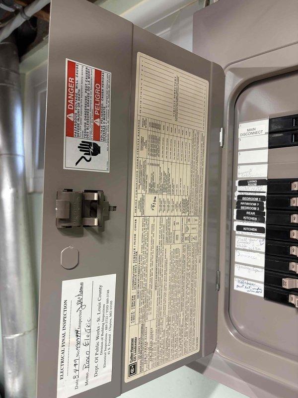 Completed electrical installation of a Generac backup generator system including main electrical panel integration and transfer switch setup. Installed Generac Type LU surge protector within outdoor-rated transfer switch enclosure mounted on exterior wall, properly routing and terminating multi-conductor wiring with appropriate color coding for phase identification and grounding. Configured main electrical panel with labeled circuit breakers and integrated generator disconnect switch, ensuring proper circuit directory documentation and affixing all required danger labels and electrical authority inspection notices per NEC requirements.