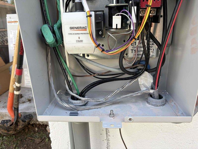 Completed electrical installation of a Generac backup generator system including main electrical panel integration and transfer switch setup. Installed Generac Type LU surge protector within outdoor-rated transfer switch enclosure mounted on exterior wall, properly routing and terminating multi-conductor wiring with appropriate color coding for phase identification and grounding. Configured main electrical panel with labeled circuit breakers and integrated generator disconnect switch, ensuring proper circuit directory documentation and affixing all required danger labels and electrical authority inspection notices per NEC requirements.