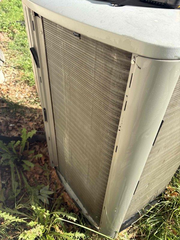 Completed comprehensive AC tune-up on outdoor condensing unit. Performed standard maintenance protocol including inspection of condenser coils, which showed dirt and debris accumulation on fins requiring attention. Addressed customer concern regarding low airflow to second floor by evaluating system performance and airflow distribution. Verified unit operational status, checked refrigerant levels, inspected electrical connections, and cleaned condenser coils to restore optimal heat transfer efficiency and improve overall system performance.